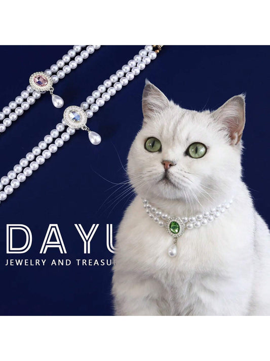 Elegant Light Luxury Small Cat Dog Double Pearl Pendant Necklace Maltese Yorkshire Poodle Noble Style Rhinestone Necklace Pet Wedding Party Collar Accessories Available In 3 Colors