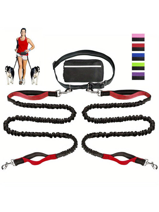 Extendable Dual-Leash Pet Dog Lead, Reflective Sports Waist Pack Leash, Adjustable Waistband, Outdoor Training Running Dog Harness