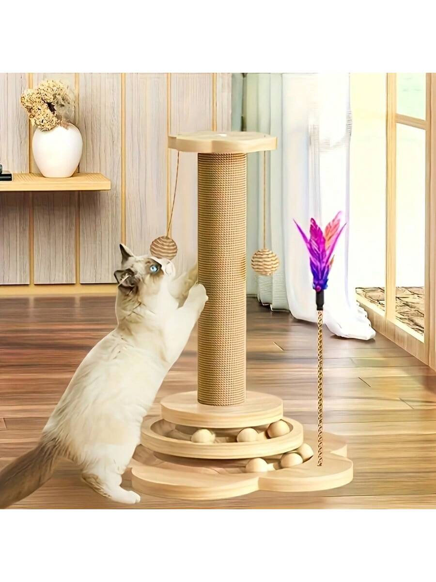 Cats Scratching Post Scratch Post Premium Sisal Rope Scratch Posts For Kitten And Adult Cats Wooden Ball Track Interactive Toy With Dangling Balls