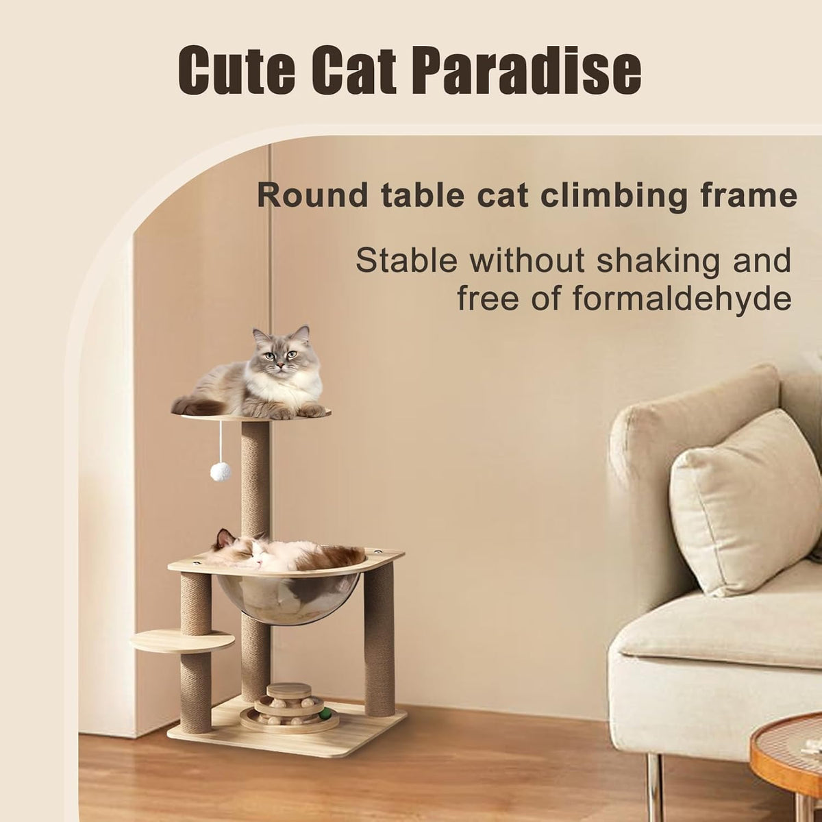 Indoor Cat & Kittens Multi-Level Climbing Activity Tower with Scratching Posts, Selected Wood and Sisal,Cat Tree Large (24.7inH) -cat House Beige