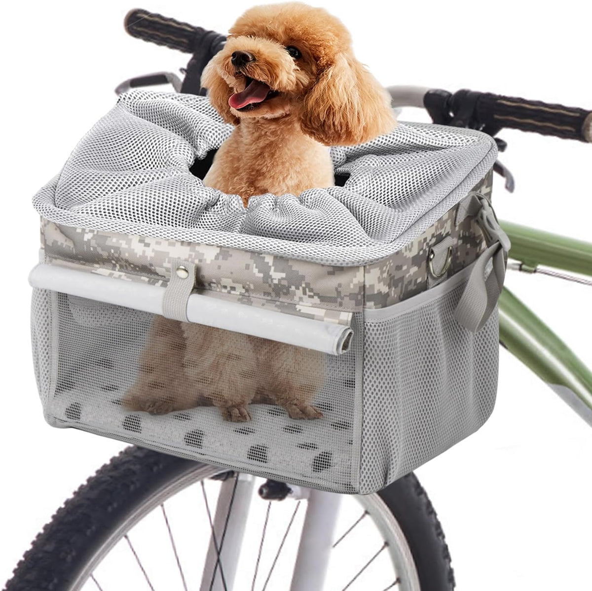 Dog Bike Basket, Pet Bicycle Carrier, Dog Car Seat with Safety Rope, Adjustable Shoulder Strap Portable Breathable Bicycle Basket Bag for Dogs and Cats Up to 15lbs