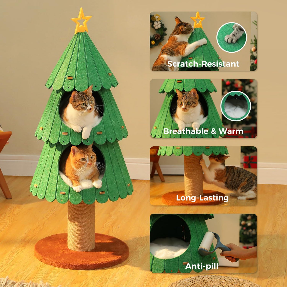 42.9 Inch Christmas Cat Tree for Indoor Cats, Cute Cat Tower with 2 Cozy Houses, Holiday Kitty Climbing Furniture for Kittens to Play and Sleep