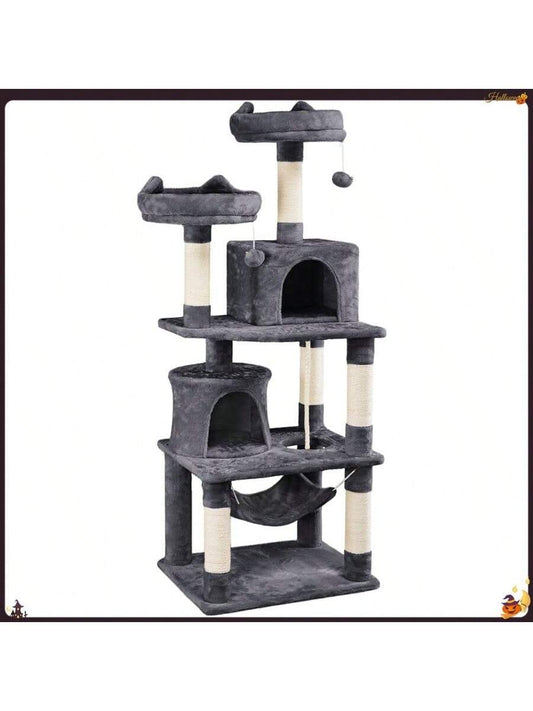 62.5" Tall Double Condo Cat Tree And Scratching Post Tower, Dark Gray