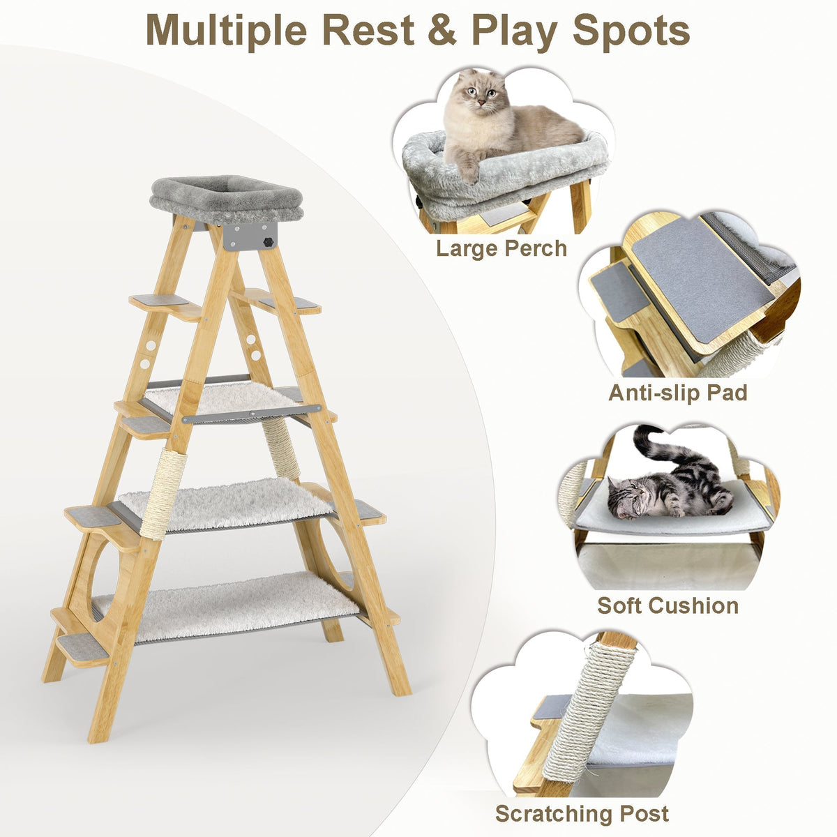 GDLF Modern Solid Wood Cat Tree Foldable Ladder Design with Cat Hammock & Sisal Scratch Post Easy Clean 60"H