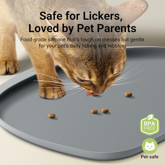 DownyPaws Cat Food Mats for Floors Waterproof, BPA Free Silicone Pet Feeding Mat, Non-Slip Pet Food Mat with High Raised Edge, Cat Placemat for Messy Drinkers, 18"×12.5", Gray